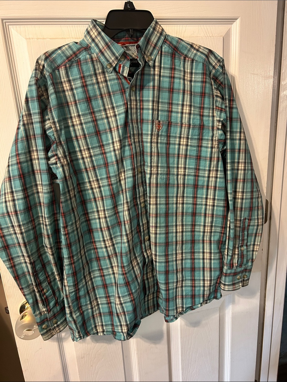 Men's Ariat Pro Seris Plaid Button-Down Shirt in Teal Multi - Casual Long Sleeve
